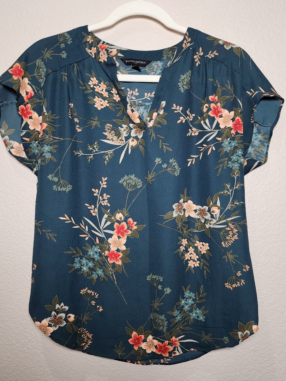 Banana Republic Teal Floral Short-Sleeve Blouse